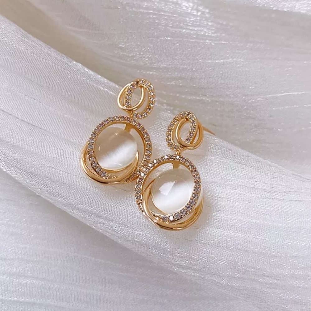 Goldtone Rhinestone Round Dangle Earrings - Picture 3 of 6